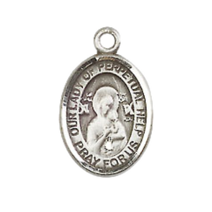 Small Sized Women's Pewter Our Lady of Perpetual Help Medal Pendant on 18 Inch Rhodium Plated Lite Curb Brass Chain with Lobster Claw Clasp, Catholic Religious Necklace - Made in USA- Velvet Gift Box
