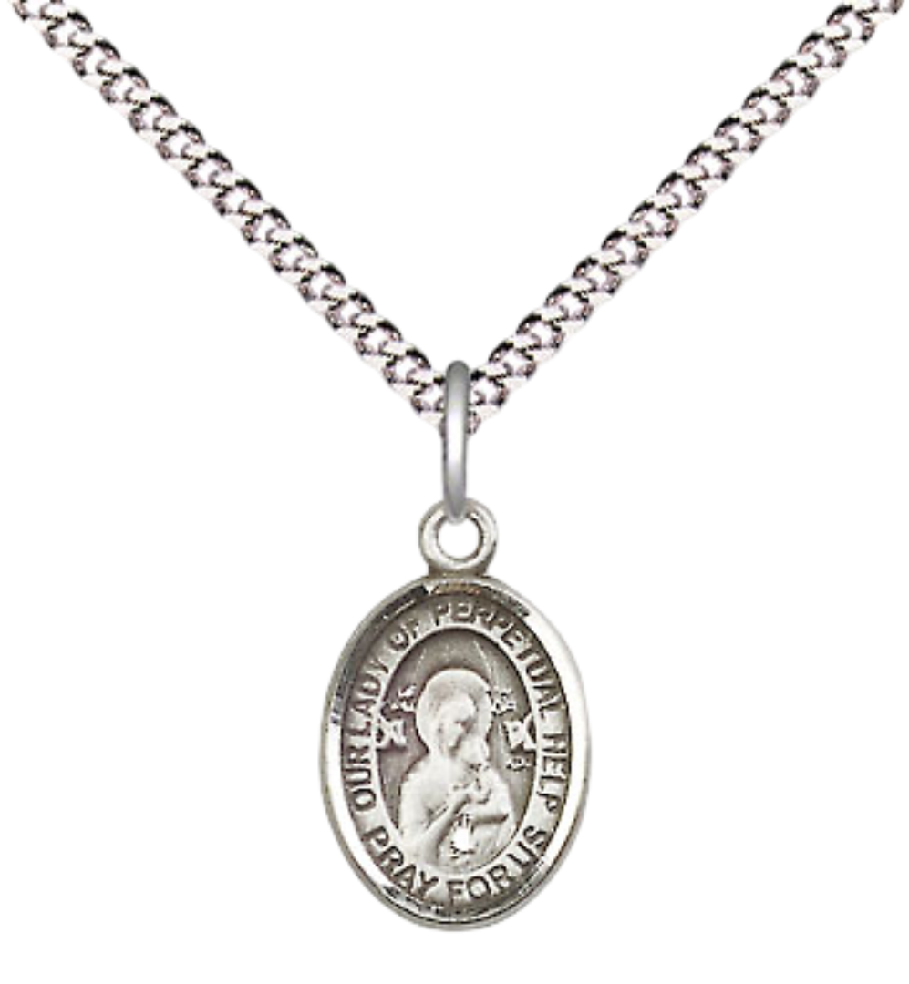 Small Sized Women's .925 Sterling Silver Our Lady of Perpetual Help Medal Pendant on 18" Rhodium Plated Lite Curb Brass Chain w/ Lobster Claw Clasp, Catholic Religious Necklace - Made in USA- Velvet Gift Box
