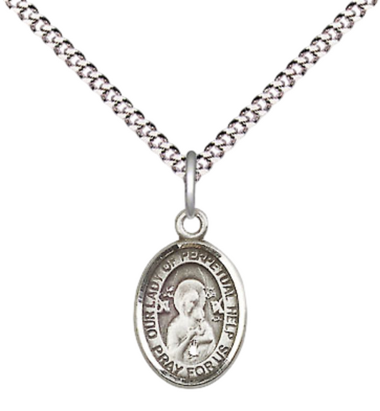 Small Sized Women's .925 Sterling Silver Our Lady of Perpetual Help Medal Pendant on 18" Rhodium Plated Lite Curb Brass Chain w/ Lobster Claw Clasp, Catholic Religious Necklace - Made in USA- Velvet Gift Box