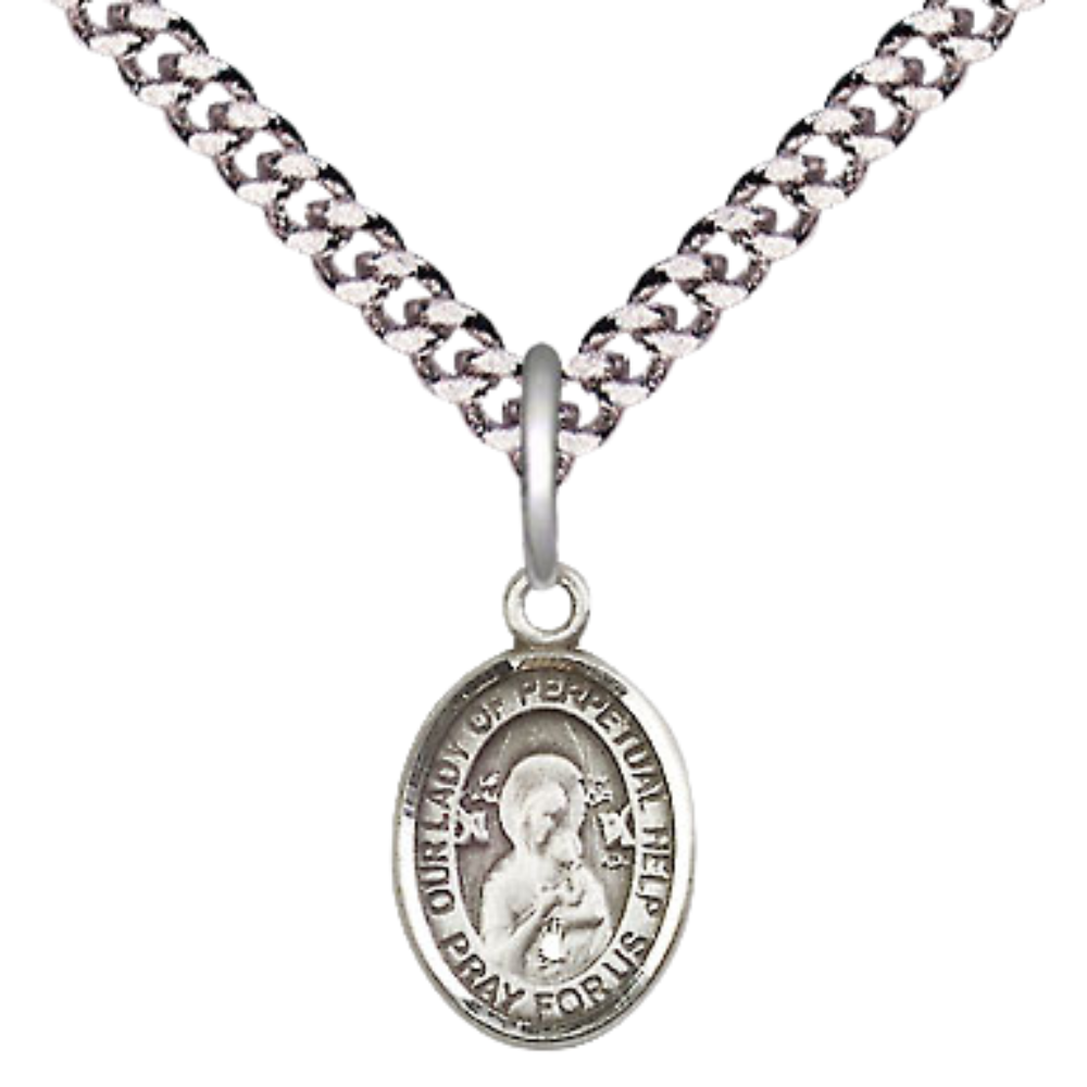 Small Sized Men's .925 Sterling Silver Our Lady of Perpetual Help Medal Pendant on 24 Inch Endless Rhodium Plated Heavy Curb Brass Chain, Catholic Religious Necklace - Made in USA- Deluxe Velvet Gift Box