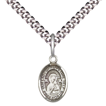 Small Sized Men's Pewter Our Lady of Perpetual Help Medal Pendant on 24 Inch Endless Rhodium Plated Heavy Curb Brass Chain, Catholic Religious Necklace - Made in USA- Deluxe Velvet Gift Box