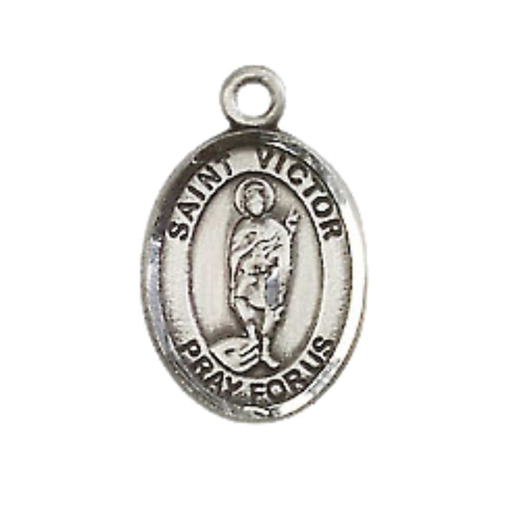 Small Sized Women's Pewter Saint St. Victor of Marseilles Medal Pendant on 18 Inch Rhodium Plated Lite Curb Brass Chain with Lobster Claw Clasp, Catholic Religious Necklace - Made in USA- Velvet Gift Box