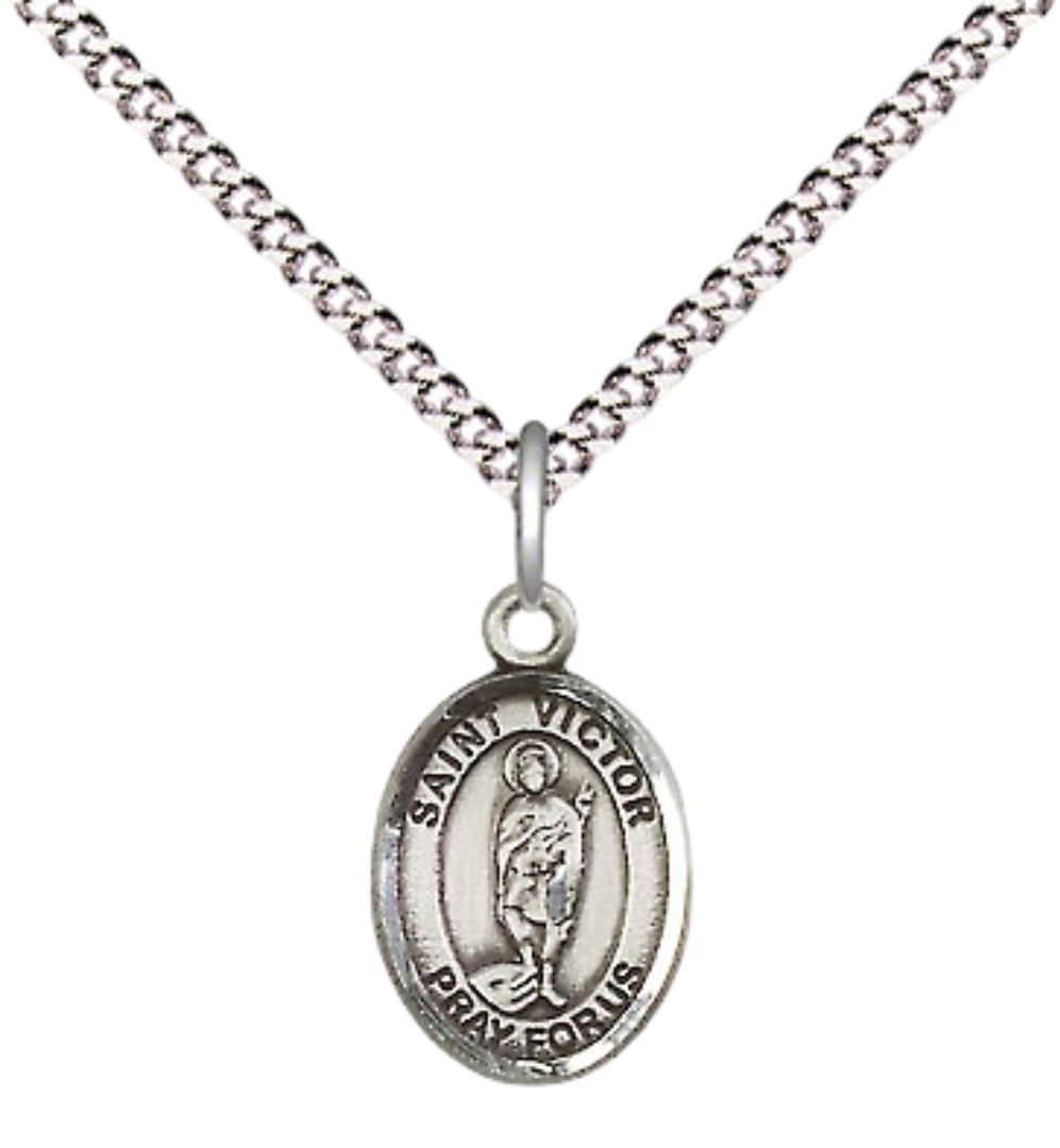 Small Sized Women's Pewter Saint St. Victor of Marseilles Medal Pendant on 18 Inch Rhodium Plated Lite Curb Brass Chain with Lobster Claw Clasp, Catholic Religious Necklace - Made in USA- Velvet Gift Box