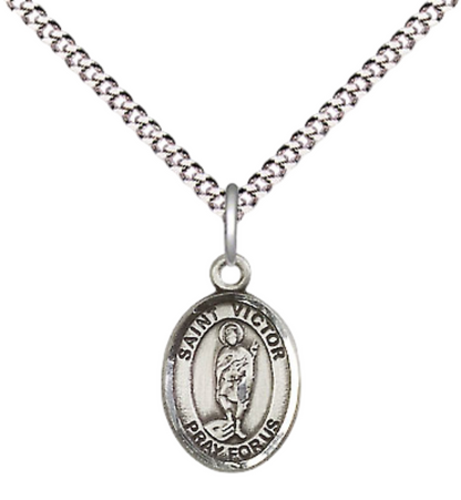 Small Sized Women's Pewter Saint St. Victor of Marseilles Medal Pendant on 18 Inch Rhodium Plated Lite Curb Brass Chain with Lobster Claw Clasp, Catholic Religious Necklace - Made in USA- Velvet Gift Box