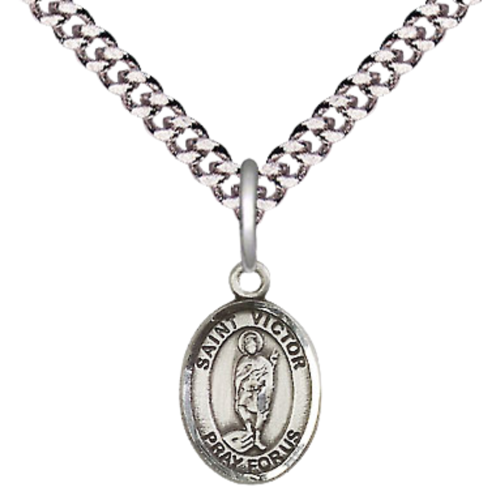 Small Sized Men's Pewter Saint St. Victor of Marseilles Medal Pendant on 24 Inch Endless Rhodium Plated Heavy Curb Brass Chain, Catholic Religious Necklace - Made in USA- Deluxe Velvet Gift Box
