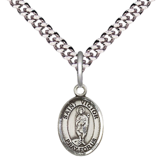 Small Sized Men's Pewter Saint St. Victor of Marseilles Medal Pendant on 24 Inch Endless Rhodium Plated Heavy Curb Brass Chain, Catholic Religious Necklace - Made in USA- Deluxe Velvet Gift Box