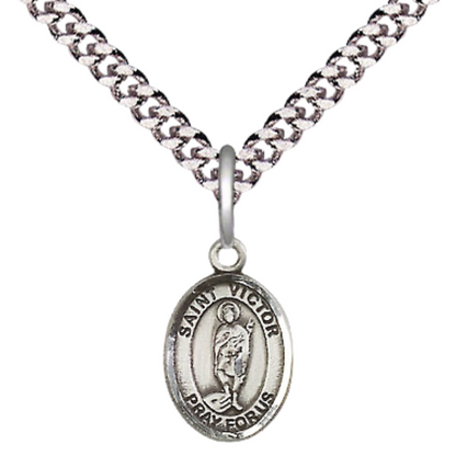 Small Sized Men's .925 Sterling Silver Saint St. Victor of Marseilles Medal Pendant on 24 Inch Endless Rhodium Plated Heavy Curb Brass Chain, Catholic Religious Necklace - Made in USA- Deluxe Velvet Gift Box
