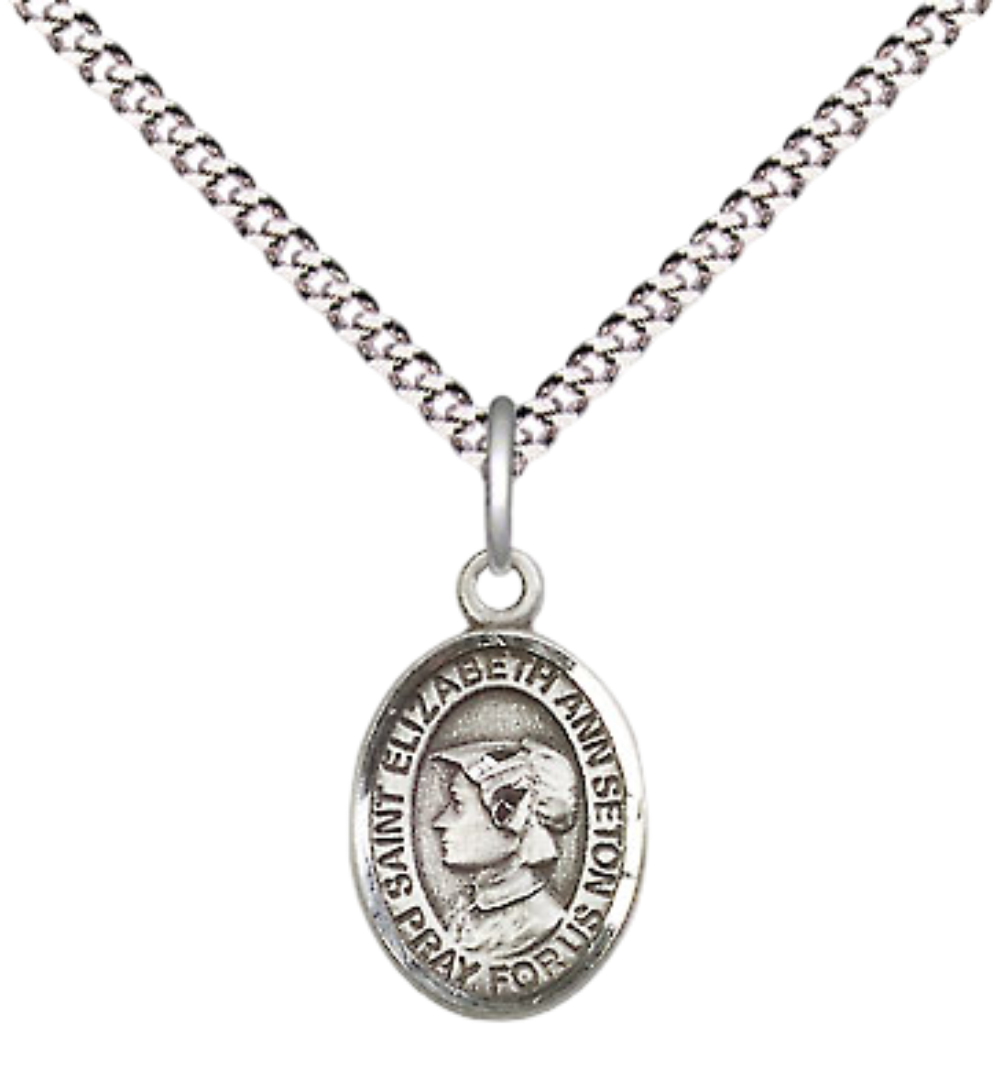 Small Sized Women's Pewter Saint St. Elizabeth Ann Seton Medal Pendant on 18 Inch Rhodium Plated Lite Curb Brass Chain with Lobster Claw Clasp, Catholic Religious Necklace - Made in USA- Velvet Gift Box