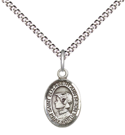 Small Sized Women's Pewter Saint St. Elizabeth Ann Seton Medal Pendant on 18 Inch Rhodium Plated Lite Curb Brass Chain with Lobster Claw Clasp, Catholic Religious Necklace - Made in USA- Velvet Gift Box