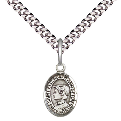 Small Sized Men's Pewter Saint St. Elizabeth Ann Seton Medal Pendant on 24 Inch Endless Rhodium Plated Heavy Curb Brass Chain, Catholic Religious Necklace - Made in USA- Deluxe Velvet Gift Box