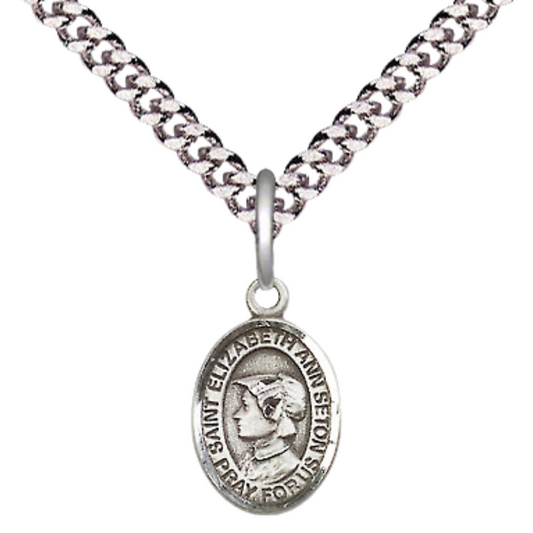 Small Sized Men's Pewter Saint St. Elizabeth Ann Seton Medal Pendant on 24 Inch Endless Rhodium Plated Heavy Curb Brass Chain, Catholic Religious Necklace - Made in USA- Deluxe Velvet Gift Box
