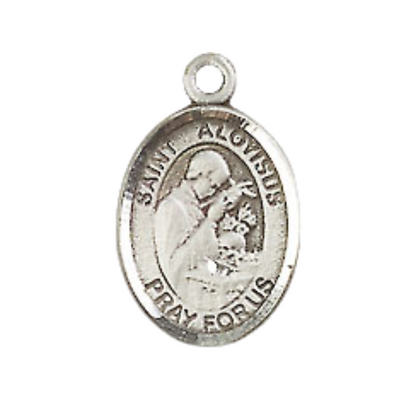 Small Sized Women's .925 Sterling Silver Saint St. Aloysius Gonzaga Medal Pendant on 18 Inch Rhodium Plated Lite Curb Brass Chain with Lobster Claw Clasp, Catholic Religious Necklace - Made in USA- Velvet Gift Box