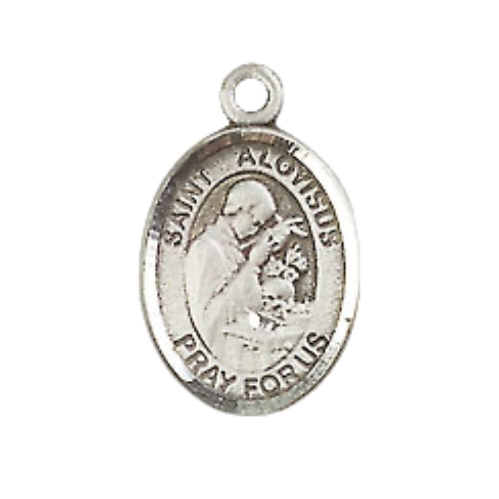 Small Sized Men's .925 Sterling Silver Saint St. Aloysius Gonzaga Medal Pendant on 24 Inch Endless Rhodium Plated Heavy Curb Brass Chain, Catholic Religious Necklace - Made in USA- Deluxe Velvet Gift Box