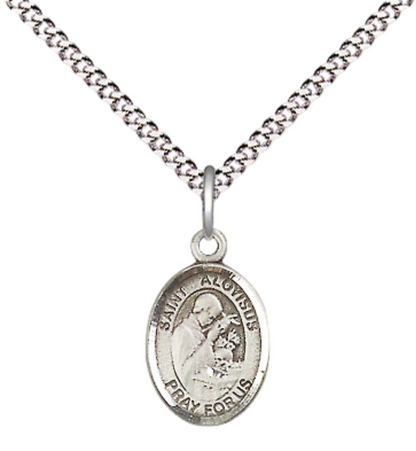 Small Sized Women's .925 Sterling Silver Saint St. Aloysius Gonzaga Medal Pendant on 18 Inch Rhodium Plated Lite Curb Brass Chain with Lobster Claw Clasp, Catholic Religious Necklace - Made in USA- Velvet Gift Box