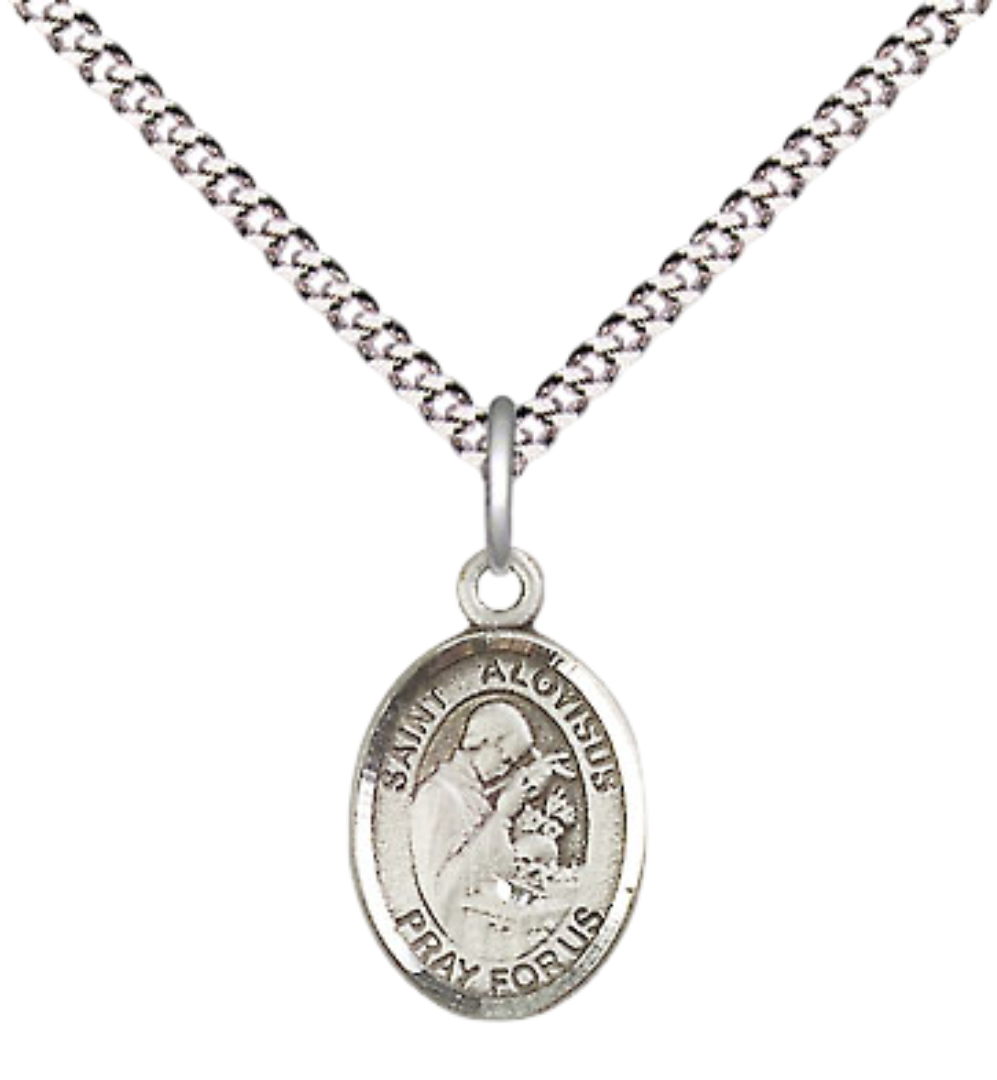 Small Sized Women's Pewter Saint St. Aloysius Gonzaga Medal Pendant on 18 Inch Rhodium Plated Lite Curb Brass Chain with Lobster Claw Clasp, Catholic Religious Necklace - Made in USA- Velvet Gift Box