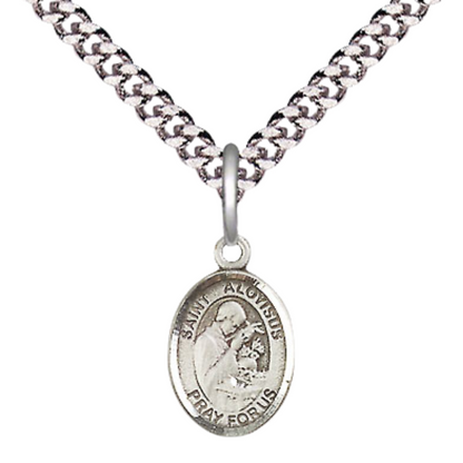 Small Sized Men's .925 Sterling Silver Saint St. Aloysius Gonzaga Medal Pendant on 24 Inch Endless Rhodium Plated Heavy Curb Brass Chain, Catholic Religious Necklace - Made in USA- Deluxe Velvet Gift Box