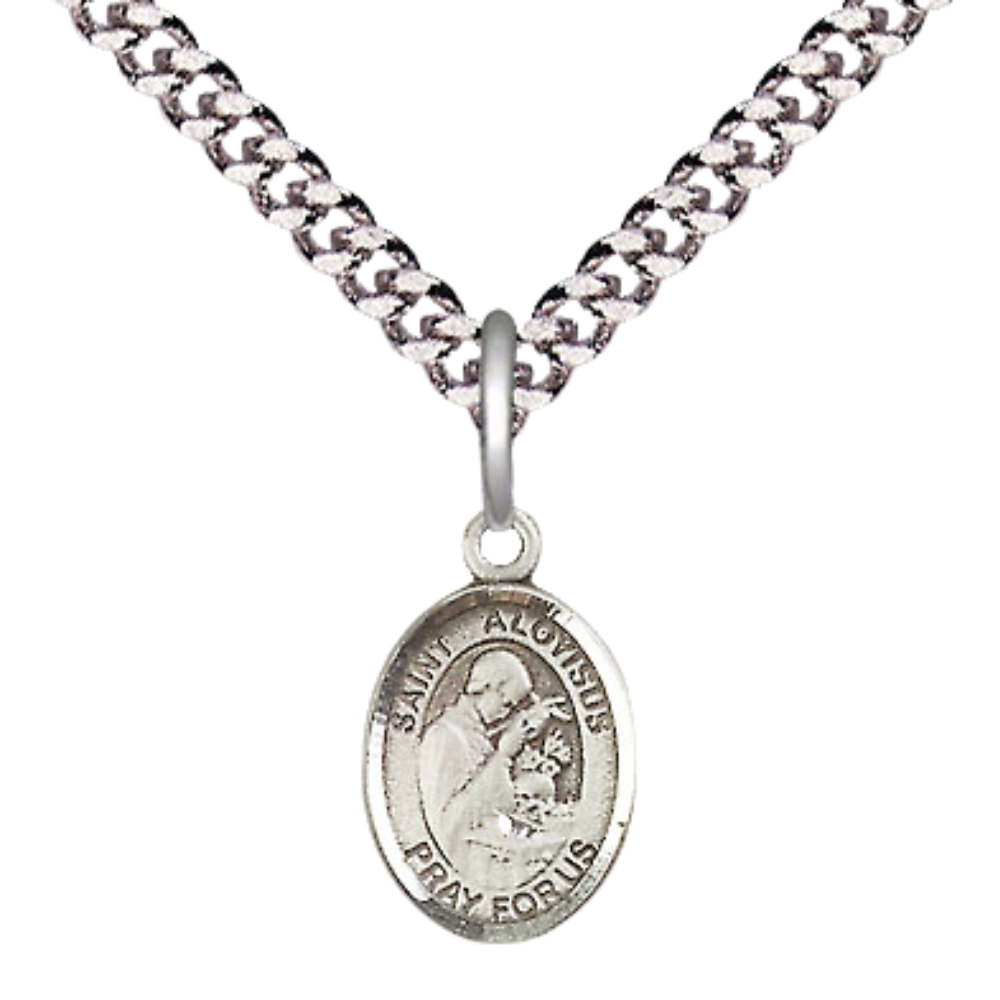 Small Sized Men's Pewter Saint St. Aloysius Gonzaga Medal Pendant on 24 Inch Endless Rhodium Plated Heavy Curb Brass Chain, Catholic Religious Necklace - Made in USA- Deluxe Velvet Gift Box