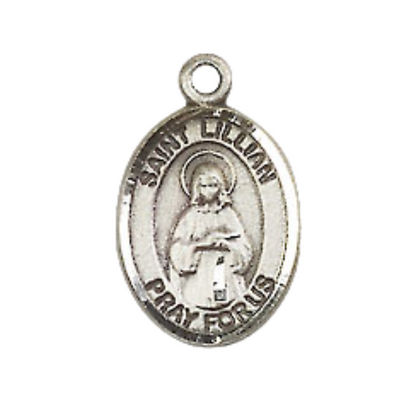Small Sized Women's Pewter Saint St. Lillian Medal Pendant on 18 Inch Rhodium Plated Lite Curb Brass Chain with Lobster Claw Clasp, Catholic Religious Necklace - Made in USA- Velvet Gift Box