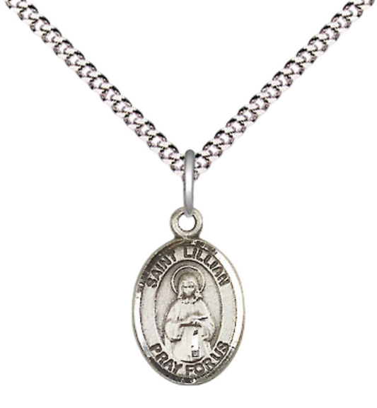 Small Sized Women's Pewter Saint St. Lillian Medal Pendant on 18 Inch Rhodium Plated Lite Curb Brass Chain with Lobster Claw Clasp, Catholic Religious Necklace - Made in USA- Velvet Gift Box