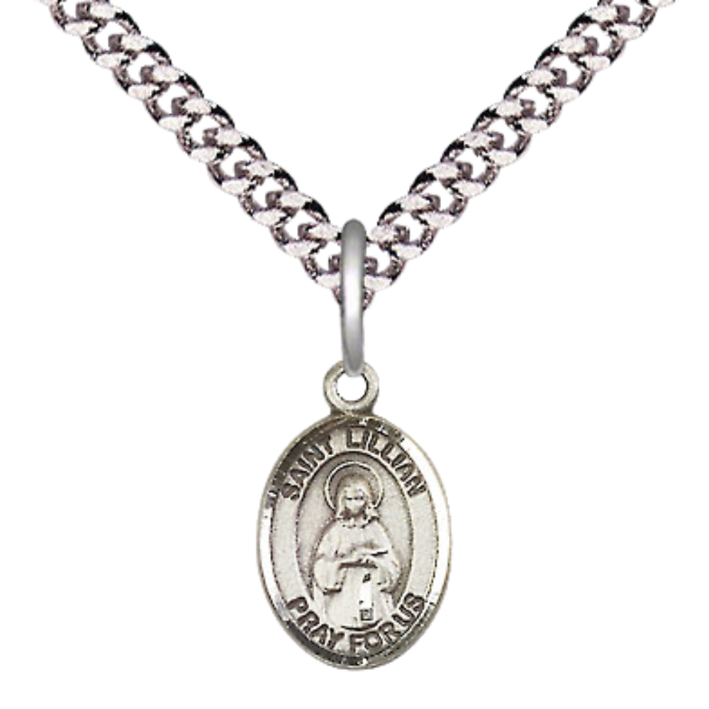 Small Sized Men's Pewter Saint St. Lillian Medal Pendant on 24 Inch Endless Rhodium Plated Heavy Curb Brass Chain, Catholic Religious Necklace - Made in USA- Deluxe Velvet Gift Box