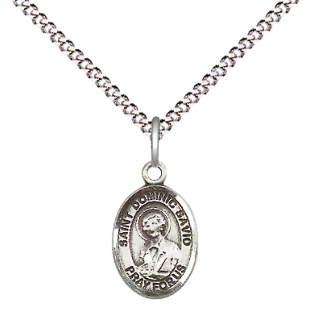 Small Sized Women's Pewter Saint Dominic Savio Medal Pendant on 18 Inch Rhodium Plated Lite Curb Brass Chain with Lobster Claw Clasp, Catholic Religious Necklace - Made in USA- Velvet Gift Box