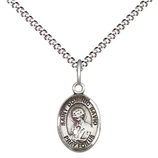 Small Sized Women's Pewter Saint Dominic Savio Medal Pendant on 18 Inch Rhodium Plated Lite Curb Brass Chain with Lobster Claw Clasp, Catholic Religious Necklace - Made in USA- Velvet Gift Box
