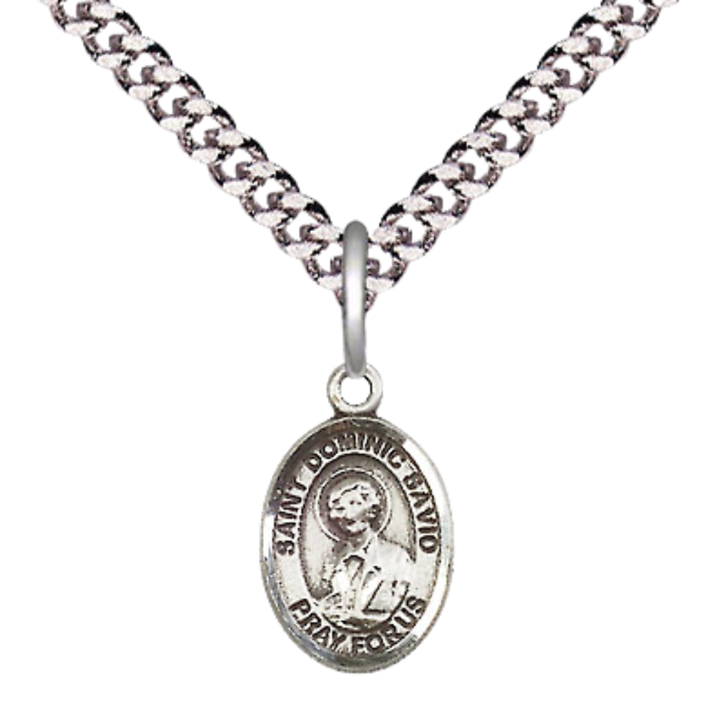 Small Sized .925 Sterling Silver Saint St. Dominic Savio Medal Pendant on 24 Inch Endless Rhodium Plated Heavy Curb Brass Chain, Catholic Religious Necklace - Made in USA- Deluxe Velvet Gift Box