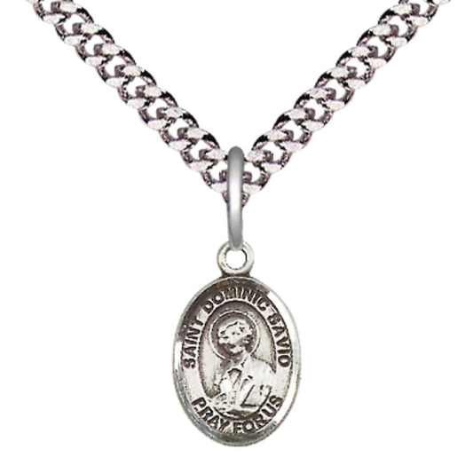 Small Sized Men's Pewter Saint St. Dominic Savio Medal Pendant on 24 Inch Endless Rhodium Plated Heavy Curb Brass Chain, Catholic Religious Necklace - Made in USA- Deluxe Velvet Gift Box