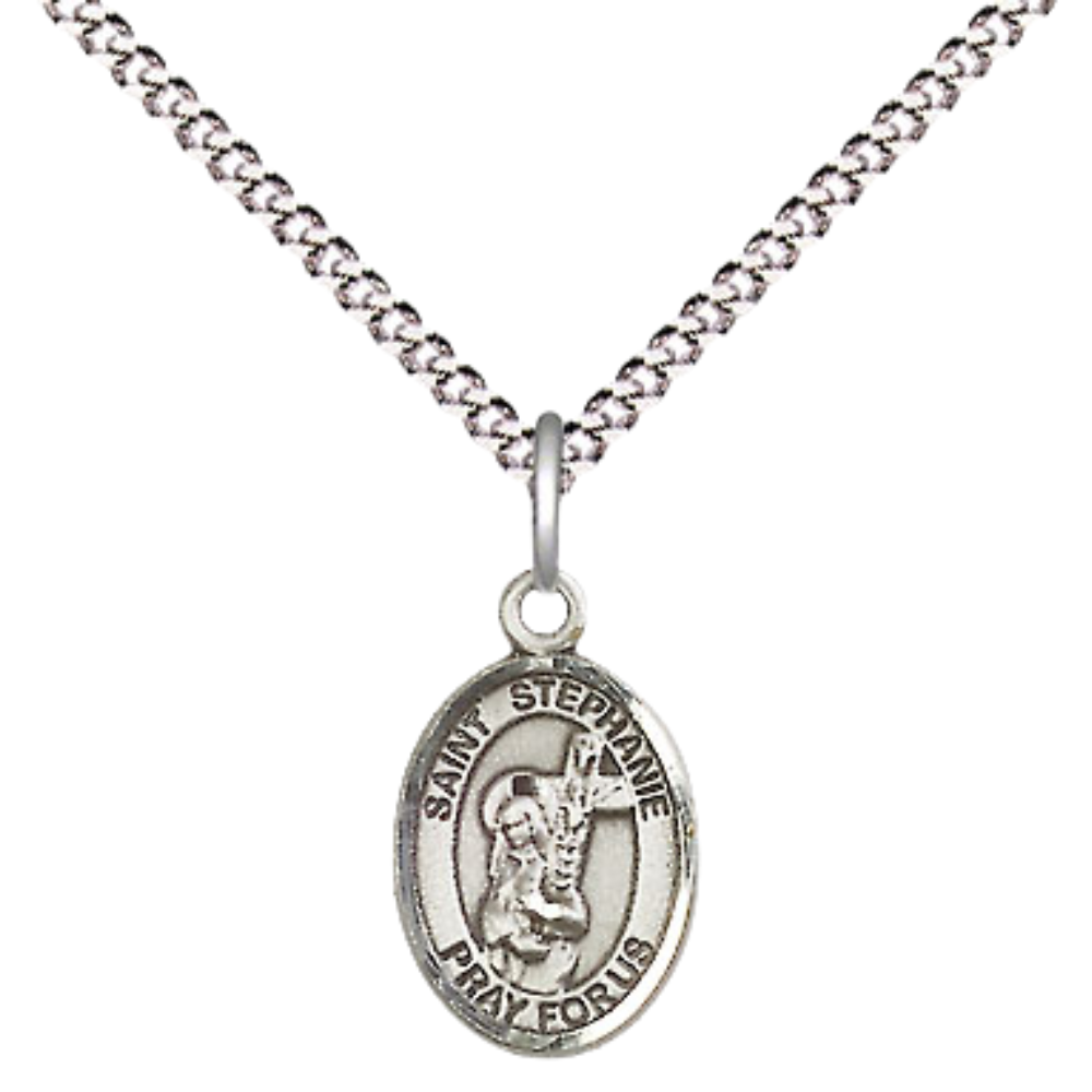 Small Sized Women's Pewter Saint St. ephanie Medal Pendant on 18 Inch Rhodium Plated Lite Curb Brass Chain with Lobster Claw Clasp, Catholic Religious Necklace - Made in USA- Velvet Gift Box