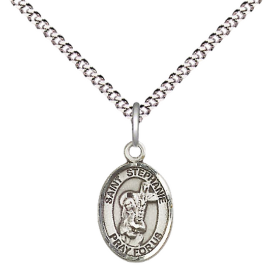 Small Sized Women's Pewter Saint St. ephanie Medal Pendant on 18 Inch Rhodium Plated Lite Curb Brass Chain with Lobster Claw Clasp, Catholic Religious Necklace - Made in USA- Velvet Gift Box