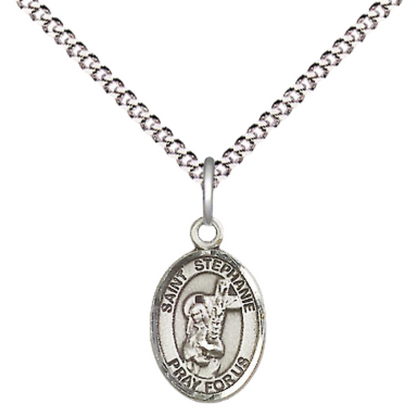 Small Sized Women's Pewter Saint St. ephanie Medal Pendant on 18 Inch Rhodium Plated Lite Curb Brass Chain with Lobster Claw Clasp, Catholic Religious Necklace - Made in USA- Velvet Gift Box