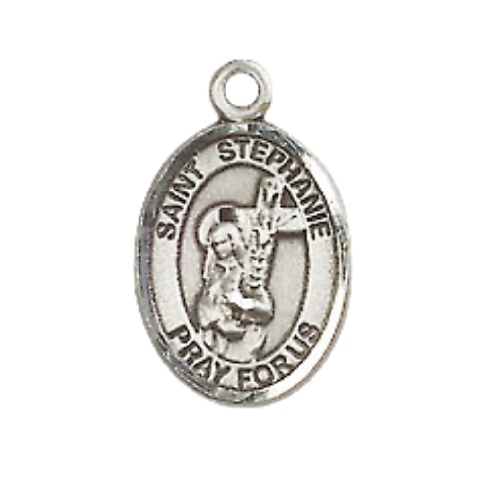 Small Sized Women's Pewter Saint St. ephanie Medal Pendant on 18 Inch Rhodium Plated Lite Curb Brass Chain with Lobster Claw Clasp, Catholic Religious Necklace - Made in USA- Velvet Gift Box