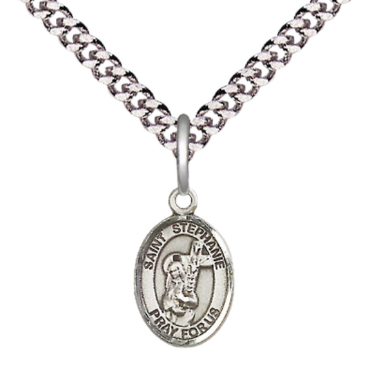 Small Sized Men's Pewter Saint St. ephanie Medal Pendant on 24 Inch Endless Rhodium Plated Heavy Curb Brass Chain, Catholic Religious Necklace - Made in USA- Deluxe Velvet Gift Box