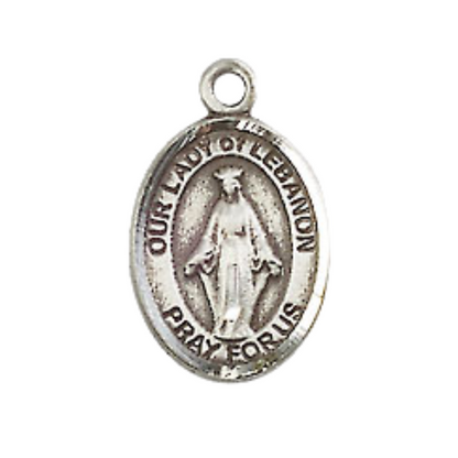 Small Sized Women's Pewter Our Lady of Lebanon Medal Pendant on 18 Inch Rhodium Plated Lite Curb Brass Chain with Lobster Claw Clasp, Catholic Religious Necklace - Made in USA- Velvet Gift Box