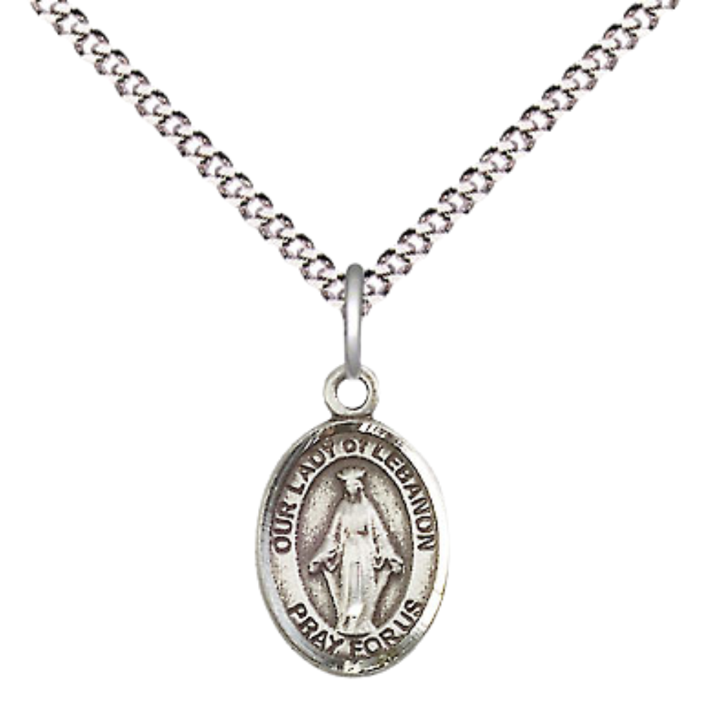 Small Sized Women's Pewter Our Lady of Lebanon Medal Pendant on 18 Inch Rhodium Plated Lite Curb Brass Chain with Lobster Claw Clasp, Catholic Religious Necklace - Made in USA- Velvet Gift Box