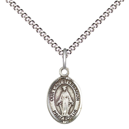 Small Sized Women's Pewter Our Lady of Lebanon Medal Pendant on 18 Inch Rhodium Plated Lite Curb Brass Chain with Lobster Claw Clasp, Catholic Religious Necklace - Made in USA- Velvet Gift Box