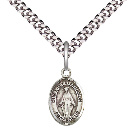 Small Sized Men's Pewter Our Lady of Lebanon Medal Pendant on 24 Inch Endless Rhodium Plated Heavy Curb Brass Chain, Catholic Religious Necklace - Made in USA- Deluxe Velvet Gift Box