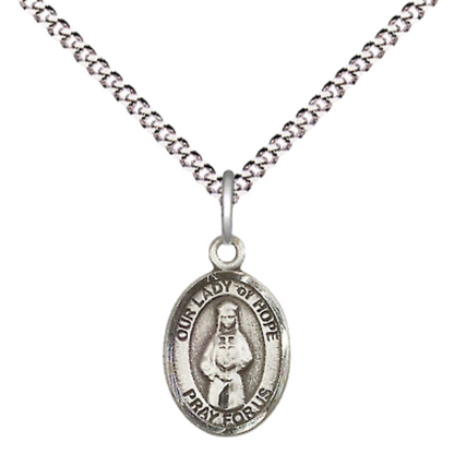 Small Sized Women's Pewter Our Lady of Hope Medal Pendant on 18 Inch Rhodium Plated Lite Curb Brass Chain with Lobster Claw Clasp, Catholic Religious Necklace - Made in USA- Velvet Gift Box