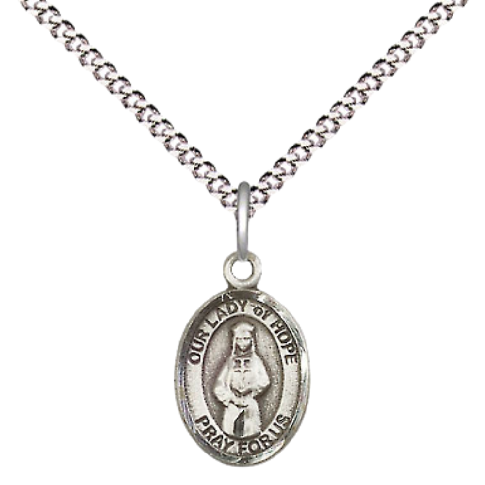 Small Sized Women's Pewter Our Lady of Hope Medal Pendant on 18 Inch Rhodium Plated Lite Curb Brass Chain with Lobster Claw Clasp, Catholic Religious Necklace - Made in USA- Velvet Gift Box
