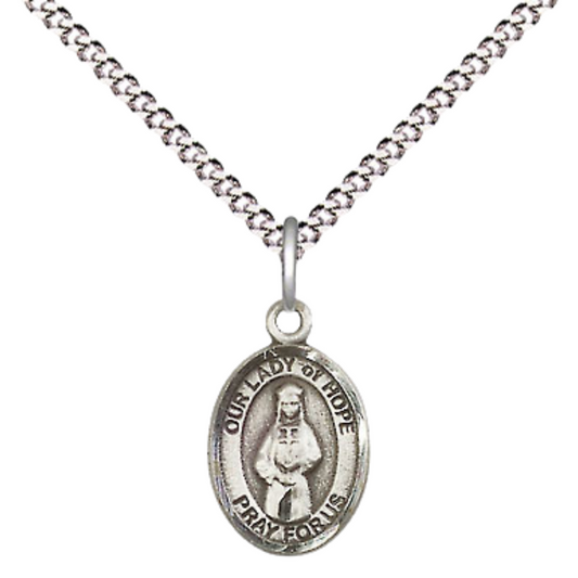 Small Sized Women's Pewter Our Lady of Hope Medal Pendant on 18 Inch Rhodium Plated Lite Curb Brass Chain with Lobster Claw Clasp, Catholic Religious Necklace - Made in USA- Velvet Gift Box
