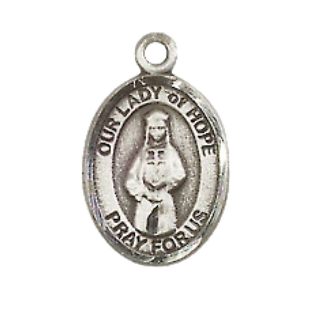 Small Sized Women's Pewter Our Lady of Hope Medal Pendant on 18 Inch Rhodium Plated Lite Curb Brass Chain with Lobster Claw Clasp, Catholic Religious Necklace - Made in USA- Velvet Gift Box