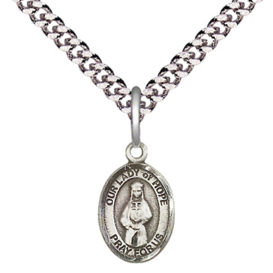 Small Sized Men's Pewter Our Lady of Hope Medal Pendant on 24 Inch Endless Rhodium Plated Heavy Curb Brass Chain, Catholic Religious Necklace - Made in USA- Deluxe Velvet Gift Box