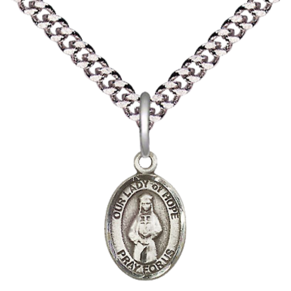 Small Sized Men's .925 Sterling Silver Our Lady of Hope Medal Pendant on 24 Inch Endless Rhodium Plated Heavy Curb Brass Chain, Catholic Religious Necklace - Made in USA- Deluxe Velvet Gift Box