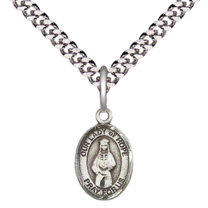 Small Sized Men's Pewter Our Lady of Hope Medal Pendant on 24 Inch Endless Rhodium Plated Heavy Curb Brass Chain, Catholic Religious Necklace - Made in USA- Deluxe Velvet Gift Box