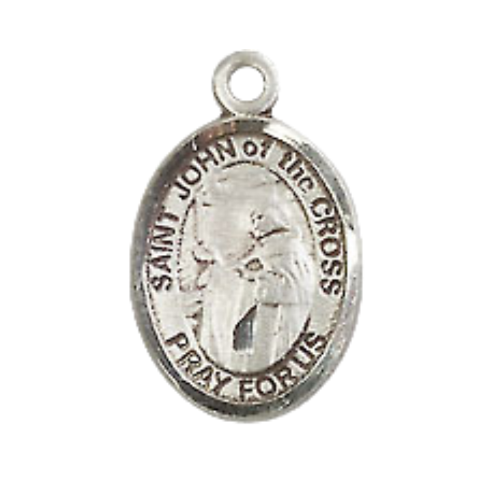 Small Sized Women's Pewter Saint St. John of the Cross Medal Pendant on 18 Inch Rhodium Plated Lite Curb Brass Chain with Lobster Claw Clasp, Catholic Religious Necklace - Made in USA- Velvet Gift Box