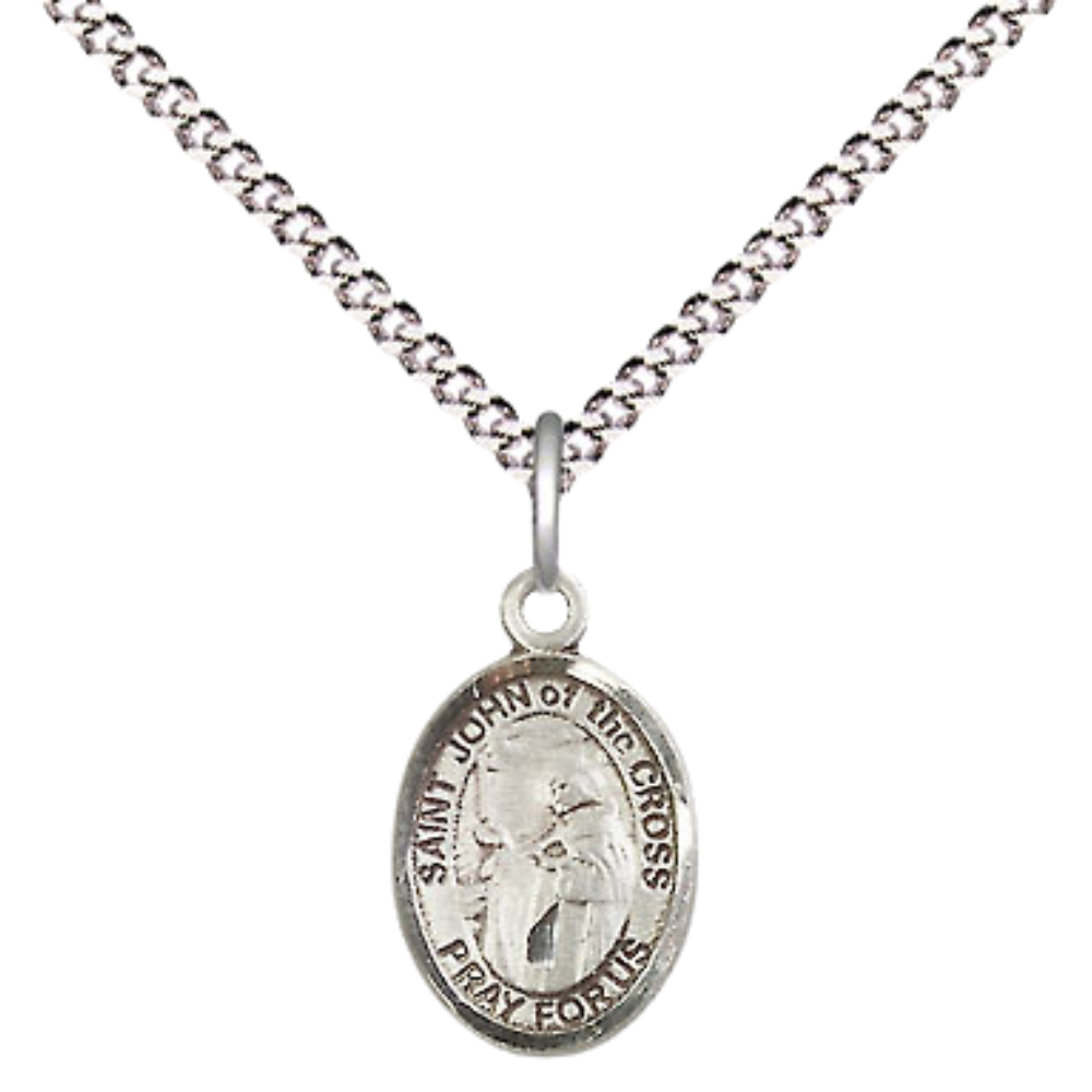Small Sized Women's Pewter Saint St. John of the Cross Medal Pendant on 18 Inch Rhodium Plated Lite Curb Brass Chain with Lobster Claw Clasp, Catholic Religious Necklace - Made in USA- Velvet Gift Box
