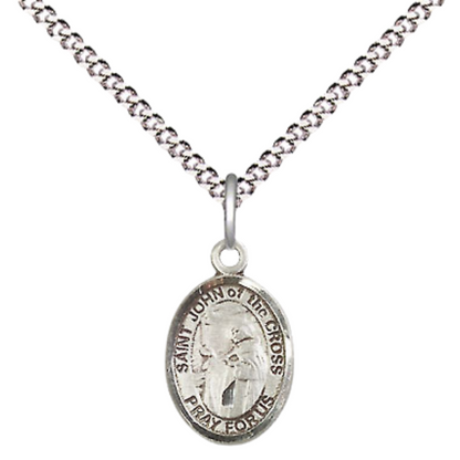 Small Sized Women's Pewter Saint St. John of the Cross Medal Pendant on 18 Inch Rhodium Plated Lite Curb Brass Chain with Lobster Claw Clasp, Catholic Religious Necklace - Made in USA- Velvet Gift Box