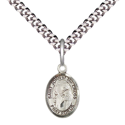 Small Sized Men's Pewter Saint St. John of the Cross Medal Pendant on 24 Inch Endless Rhodium Plated Heavy Curb Brass Chain, Catholic Religious Necklace - Made in USA- Deluxe Velvet Gift Box