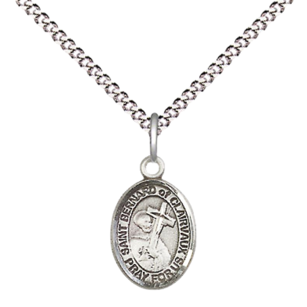 Small Sized Women's .925 Sterling Silver Saint St. Bernard of Clairvaux Medal Pendant on 18 Inch Rhodium Plated Lite Curb Brass Chain w/ Lobster Claw Clasp, Catholic Religious Necklace - Made in USA- Velvet Gift Box