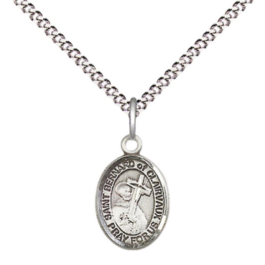 Small Sized Women's Pewter Saint St. Bernard of Clairvaux Medal Pendant on 18 Inch Rhodium Plated Lite Curb Brass Chain with Lobster Claw Clasp, Catholic Religious Necklace - Made in USA- Velvet Gift Box